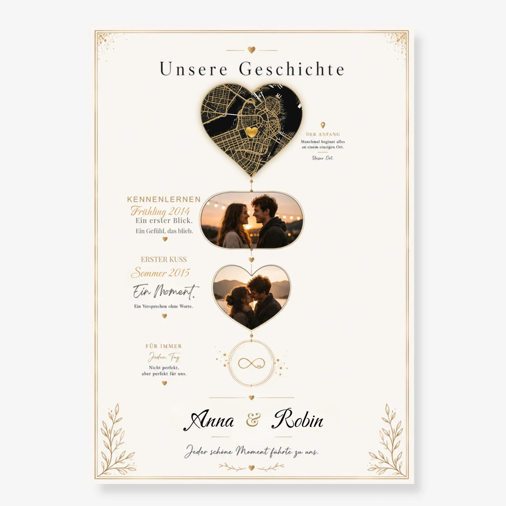 Personalisiertes Poster "Unsere Geschichte" – Herzkarte, 2 Fotos & Namen | Geschenk für Paare
