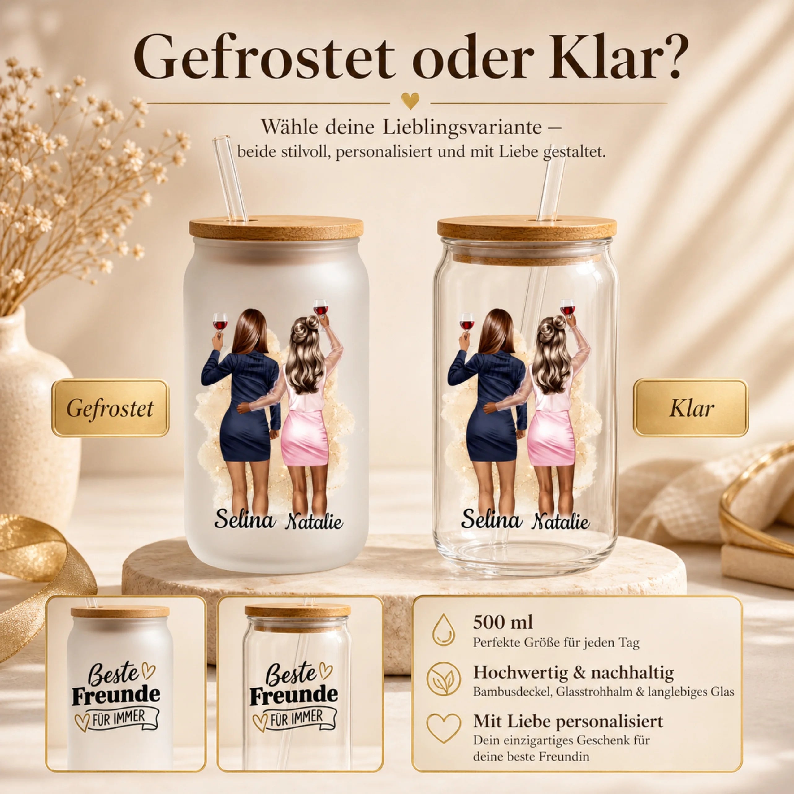 Beste Freundinnen & Schwester - Personalisierte Trinkglas