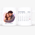 Personalisierte Tasse mit Foto als 3D-Cartoon-Porträt, Namen und Kalender mit Herz