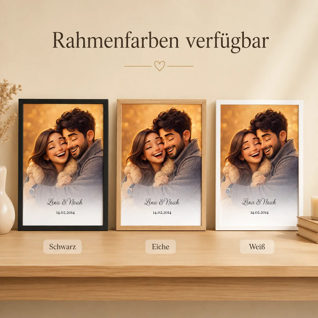 Personalisiertes 3D-Cartoon-Porträt mit Rahmen in Weiß, Schwarz oder Eiche