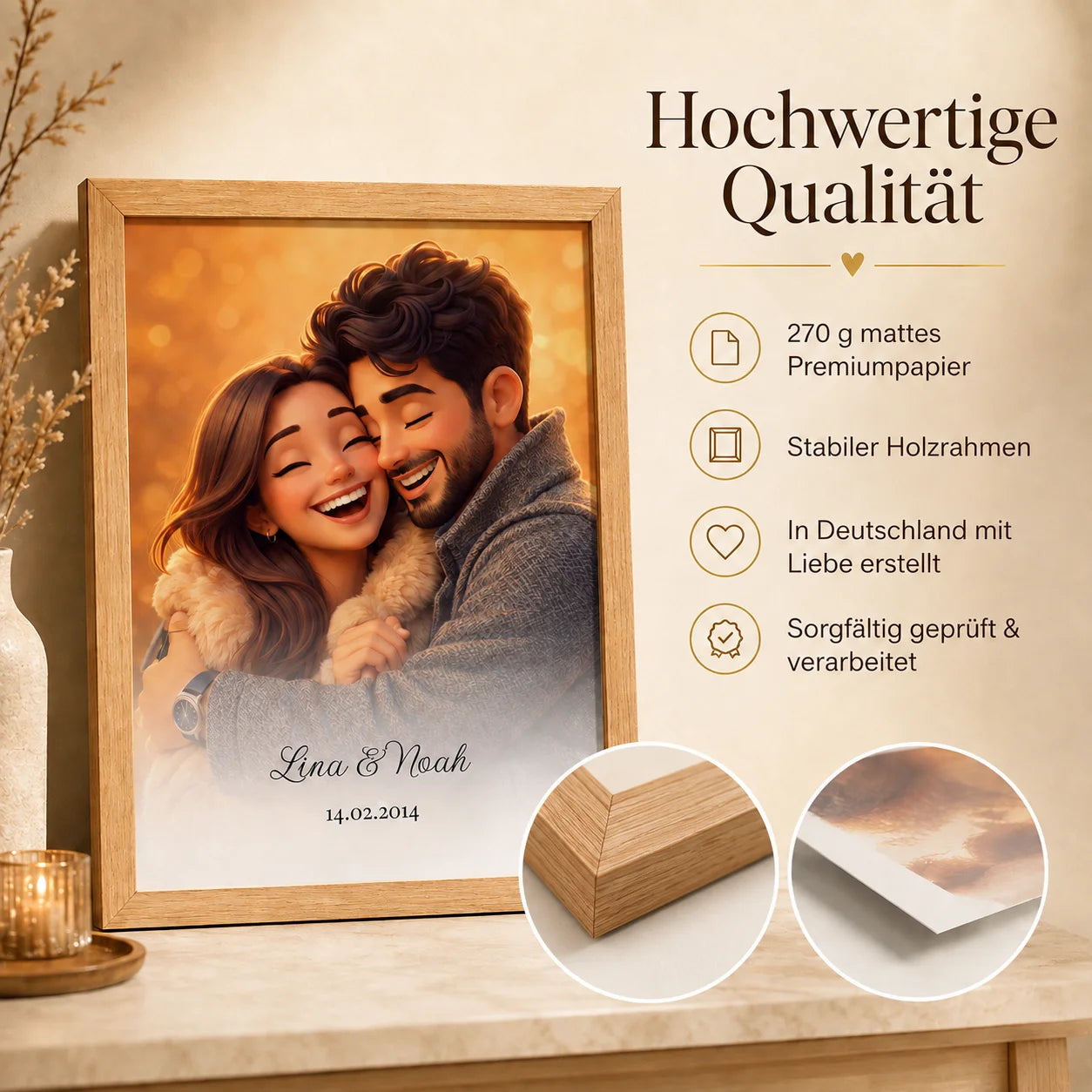 Personalisiertes 3D-Cartoon-Porträt gerahmt an der Wand im Wohnzimmer