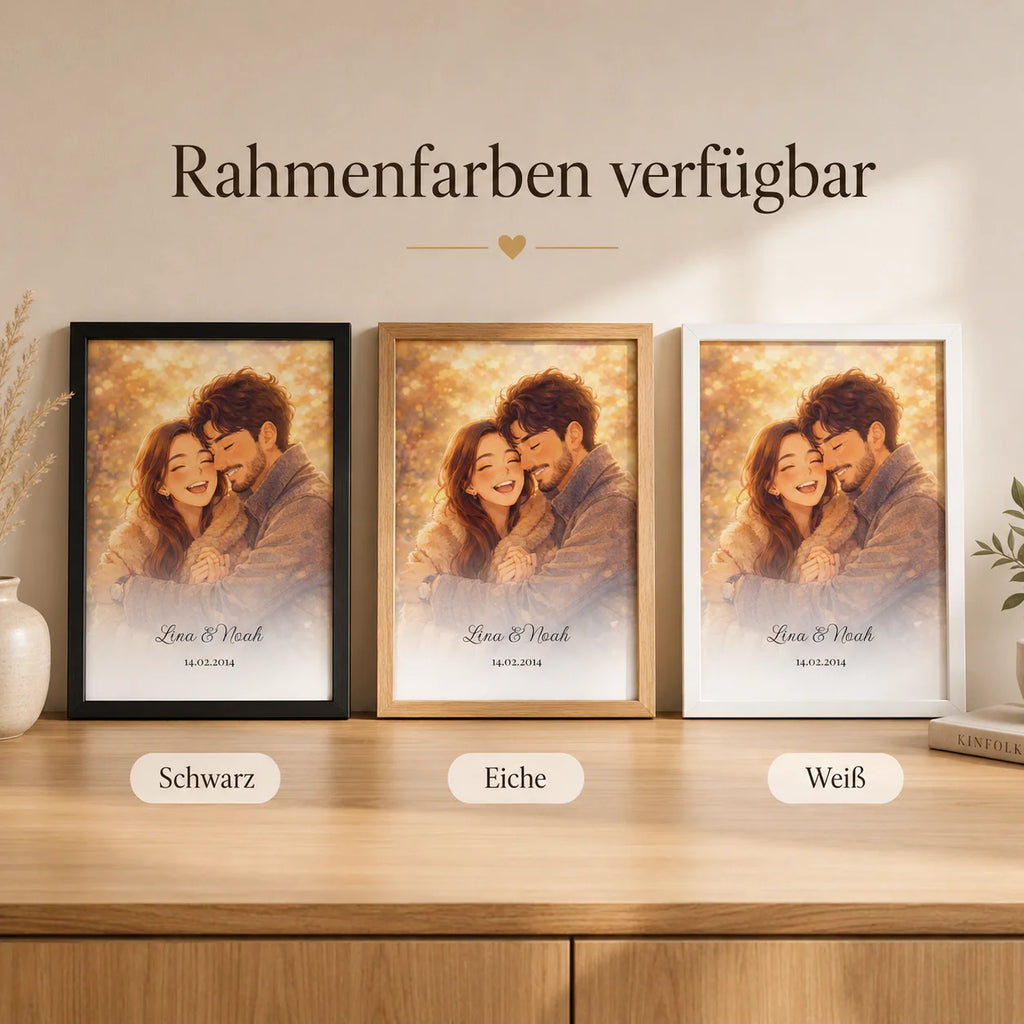 Personalisiertes Anime-Porträt mit Rahmen in Weiß, Schwarz oder Eiche