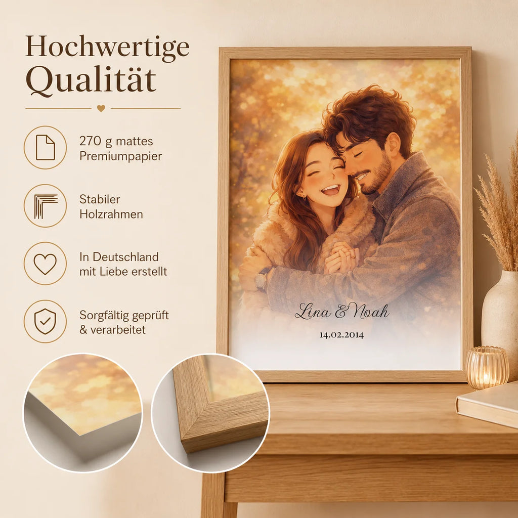 Personalisiertes Anime-Porträt gerahmt an der Wand im Wohnzimmer