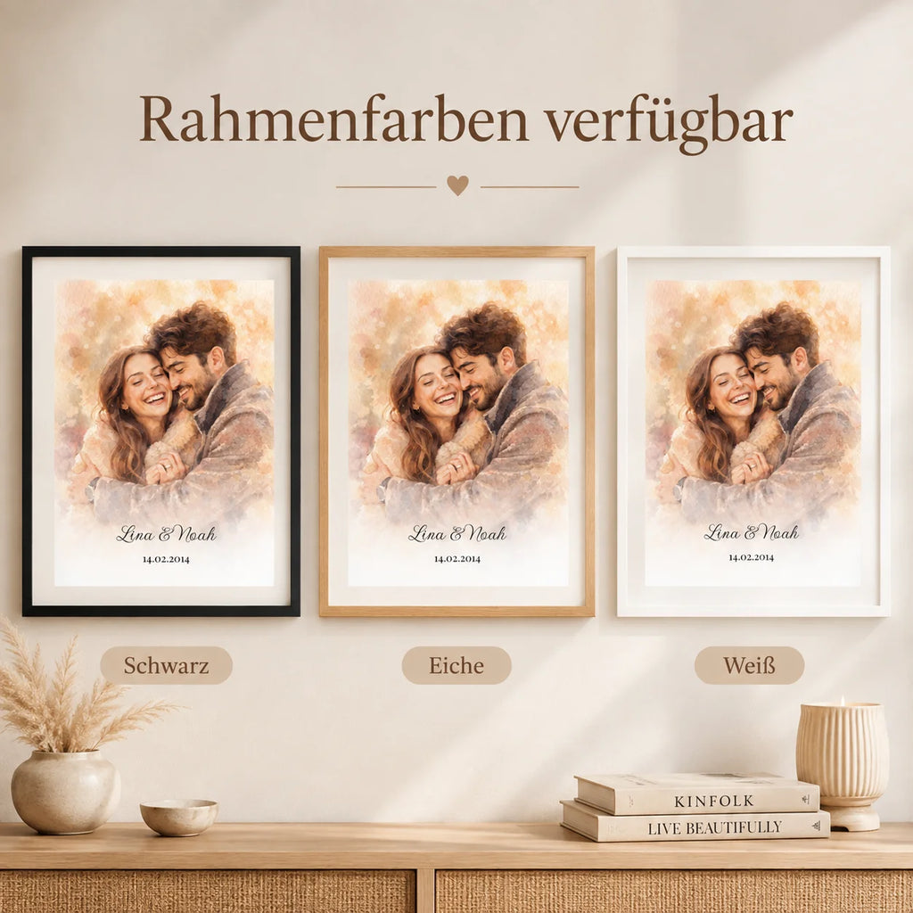 Personalisiertes Aquarell-Porträt mit Rahmen in Weiß, Schwarz oder Eiche