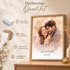 Personalisiertes Aquarell-Porträt gerahmt an der Wand im Wohnzimmer