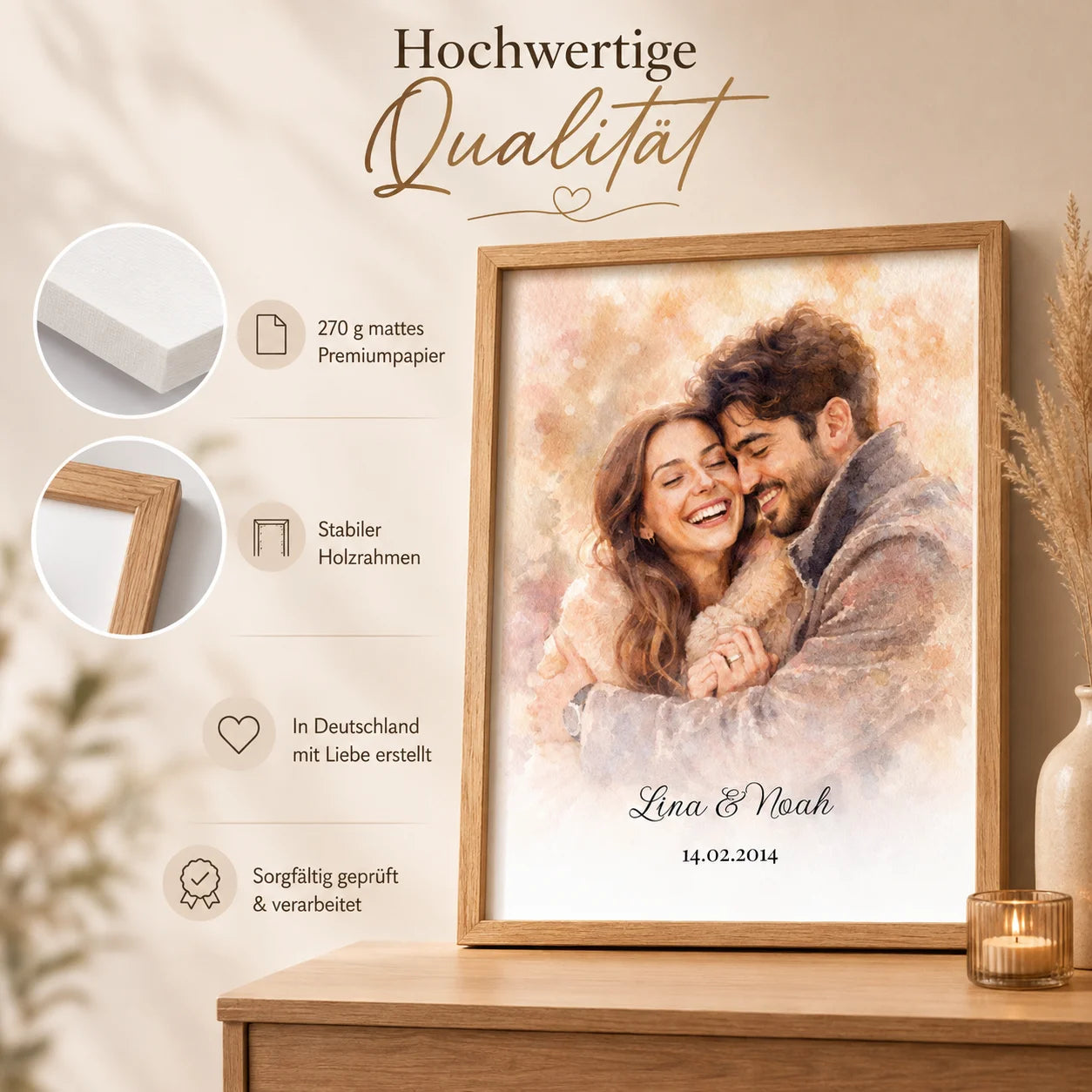 Personalisiertes Aquarell-Porträt gerahmt an der Wand im Wohnzimmer