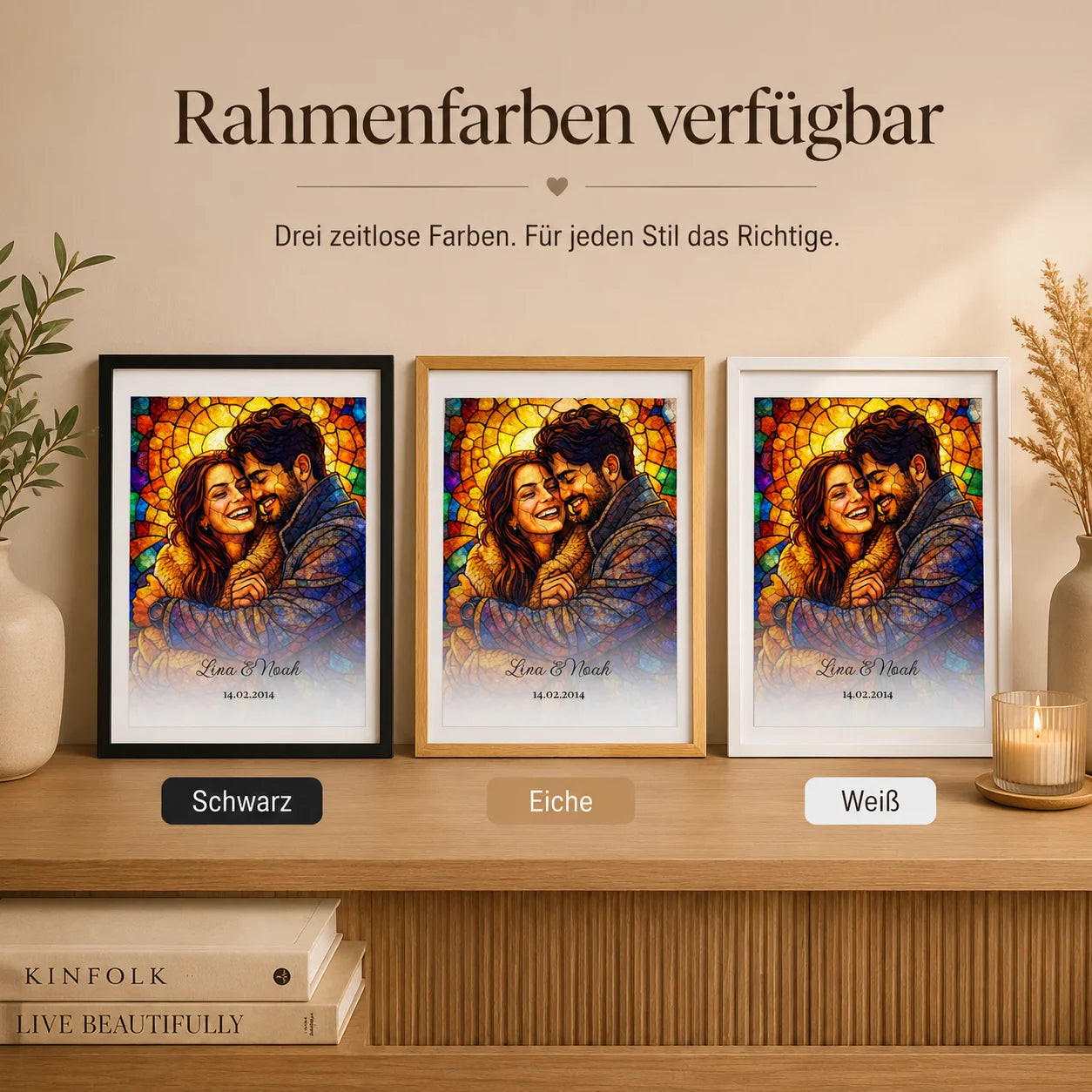 Personalisiertes Buntglas-Porträt mit Rahmen in Weiß, Schwarz oder Eiche