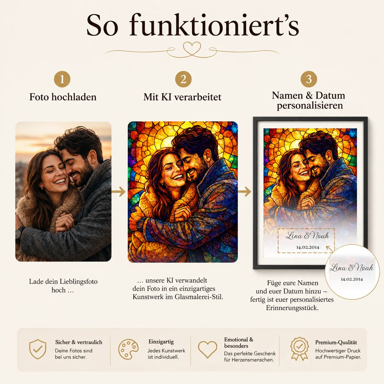 Personalisiertes Buntglas-Porträt gestalten – Foto hochladen, Namen und Datum eingeben