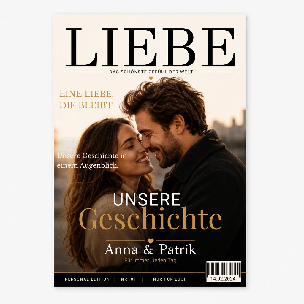 Personalisiertes Fotoposter im Magazin-Stil mit großem Foto, Namen, Datum und Anlass