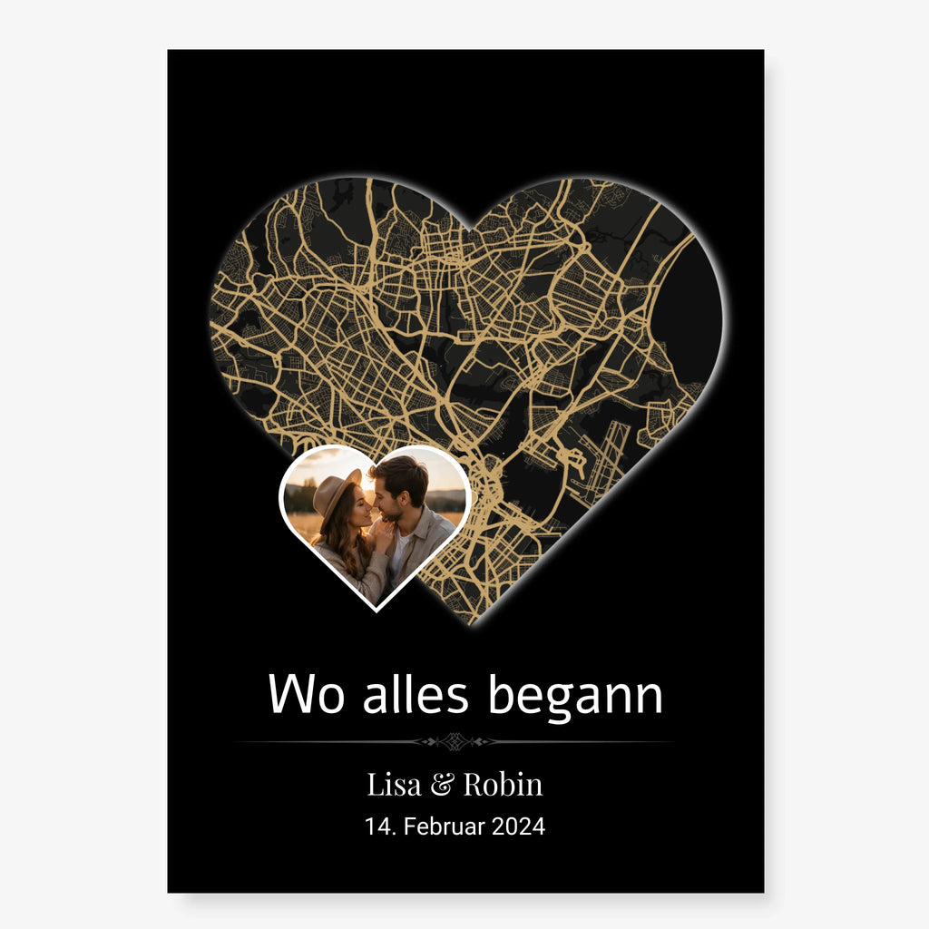 Personalisiertes Herzkarten-Poster mit Karte in Herzform, Foto, Namen und Datum – Geschenk für Paare