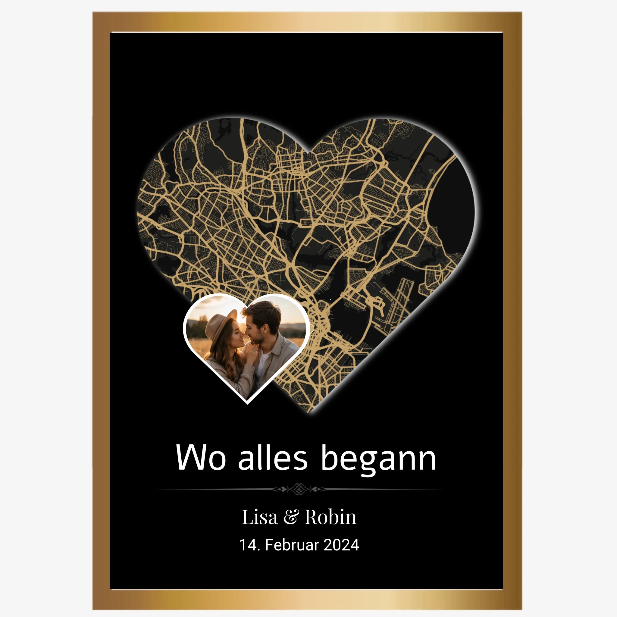 Personalisiertes Herzkarten-Poster mit Karte in Herzform, Foto, Namen und Datum – Geschenk für Paare mit Goldene Rahmen