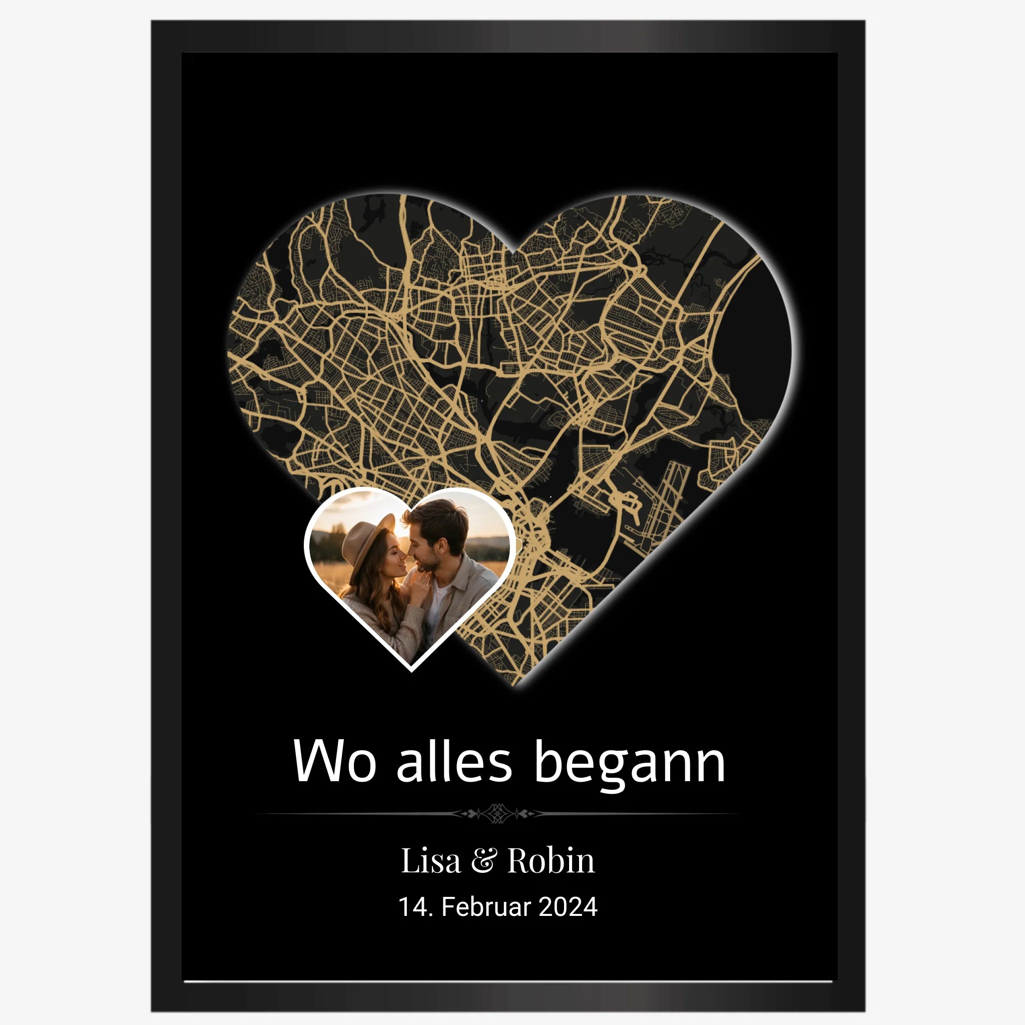 Personalisiertes Herzkarten-Poster mit Karte in Herzform, Foto, Namen und Datum – Geschenk für Paare mit Schwarzem Rahmen