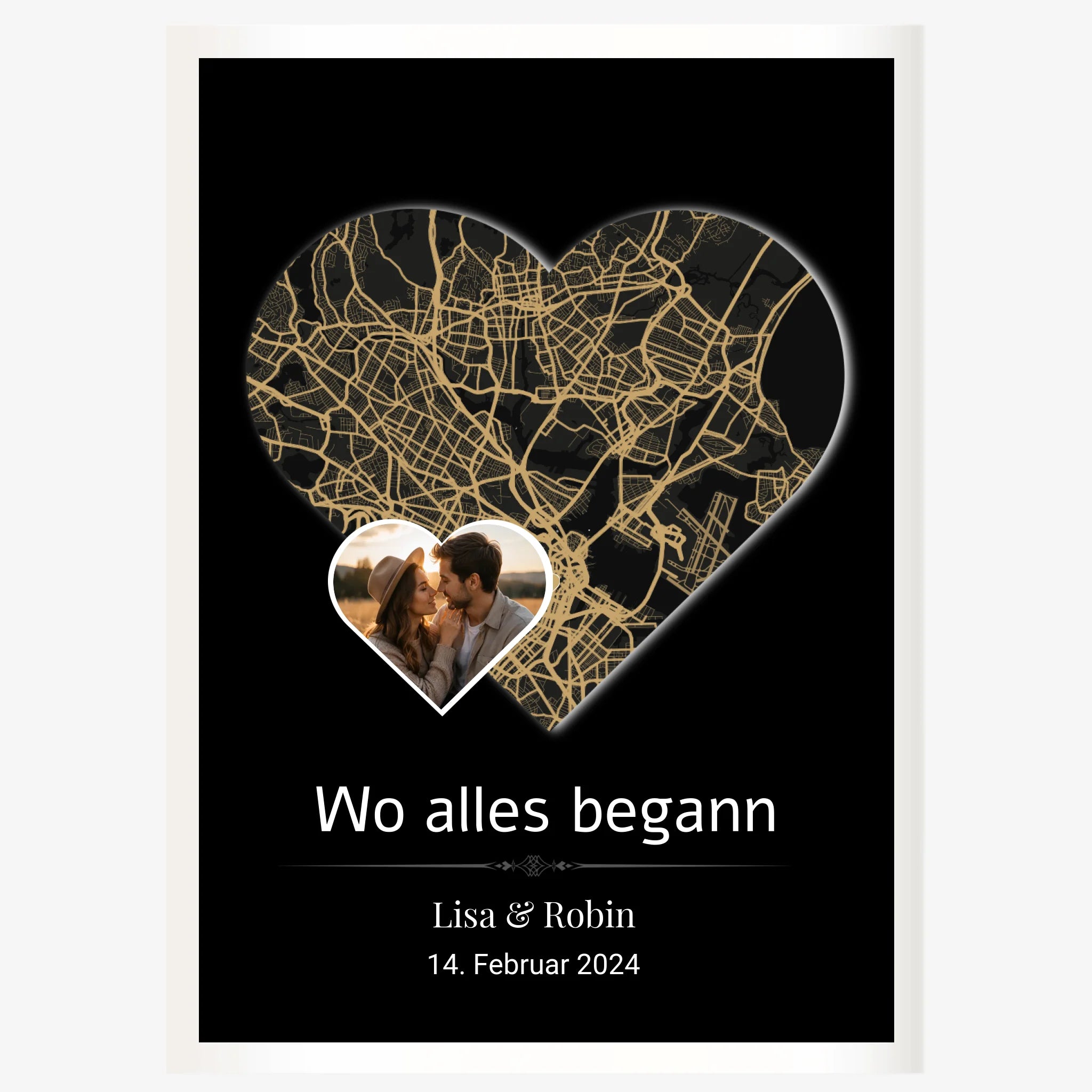Personalisiertes Herzkarten-Poster mit Karte in Herzform, Foto, Namen und Datum – Geschenk für Paare mit Weißes Rahmen