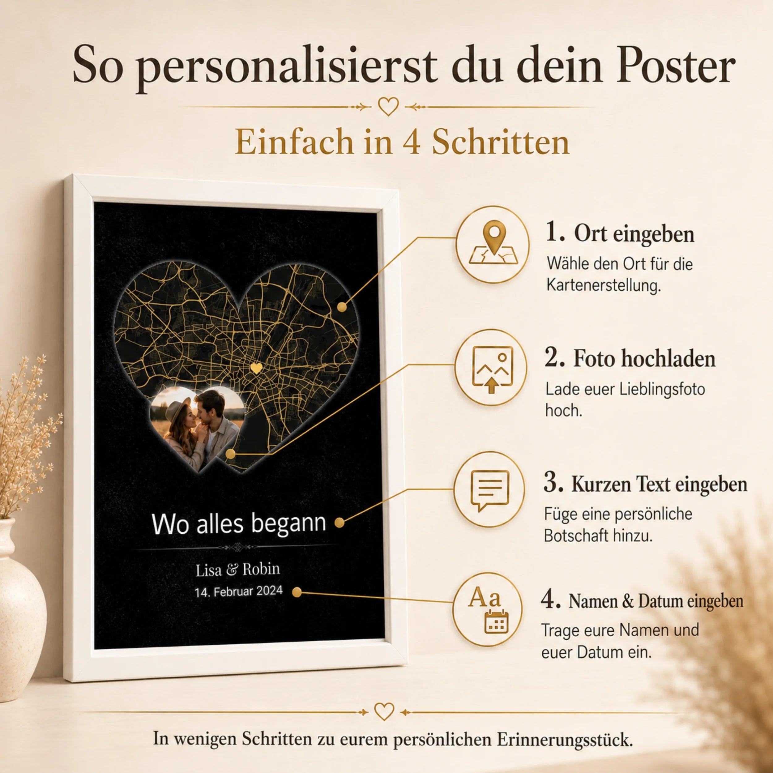 Personalisiertes Herzkarten-Poster in 4 Schritten gestalten – Ort, Foto, Namen und Datum