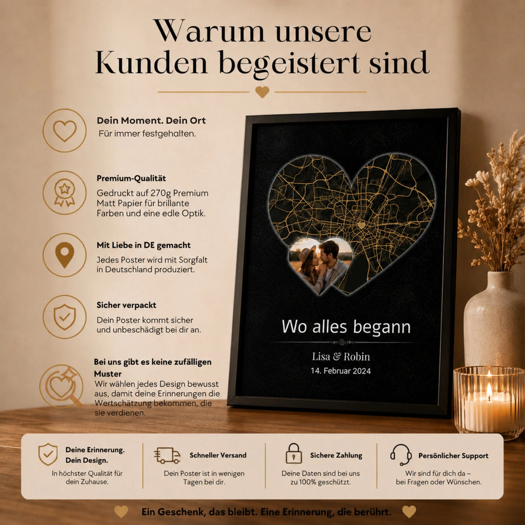 Personalisiertes Herzkarten-Poster Wo alles begann mit Stadtkarte, Foto, Namen und Datum – Premium-Qualität aus Deutschland