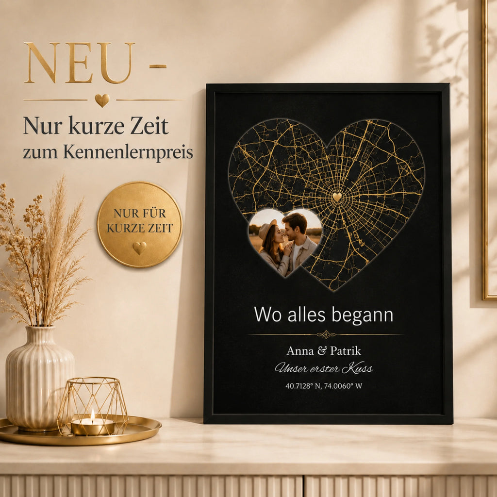 Personalisiertes Herzkarten-Poster mit Rahmen in Weiß, Schwarz oder Gold