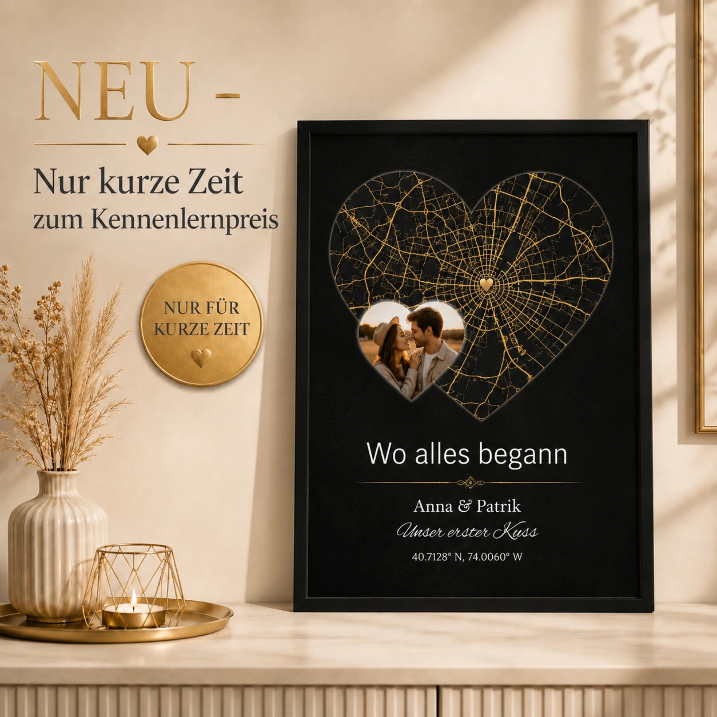Personalisiertes Herzkarten-Poster mit Rahmen in Weiß, Schwarz oder Gold