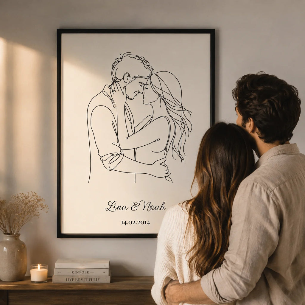 Personalisiertes One-Line-Art-Poster in Gold mit Namen und Datum