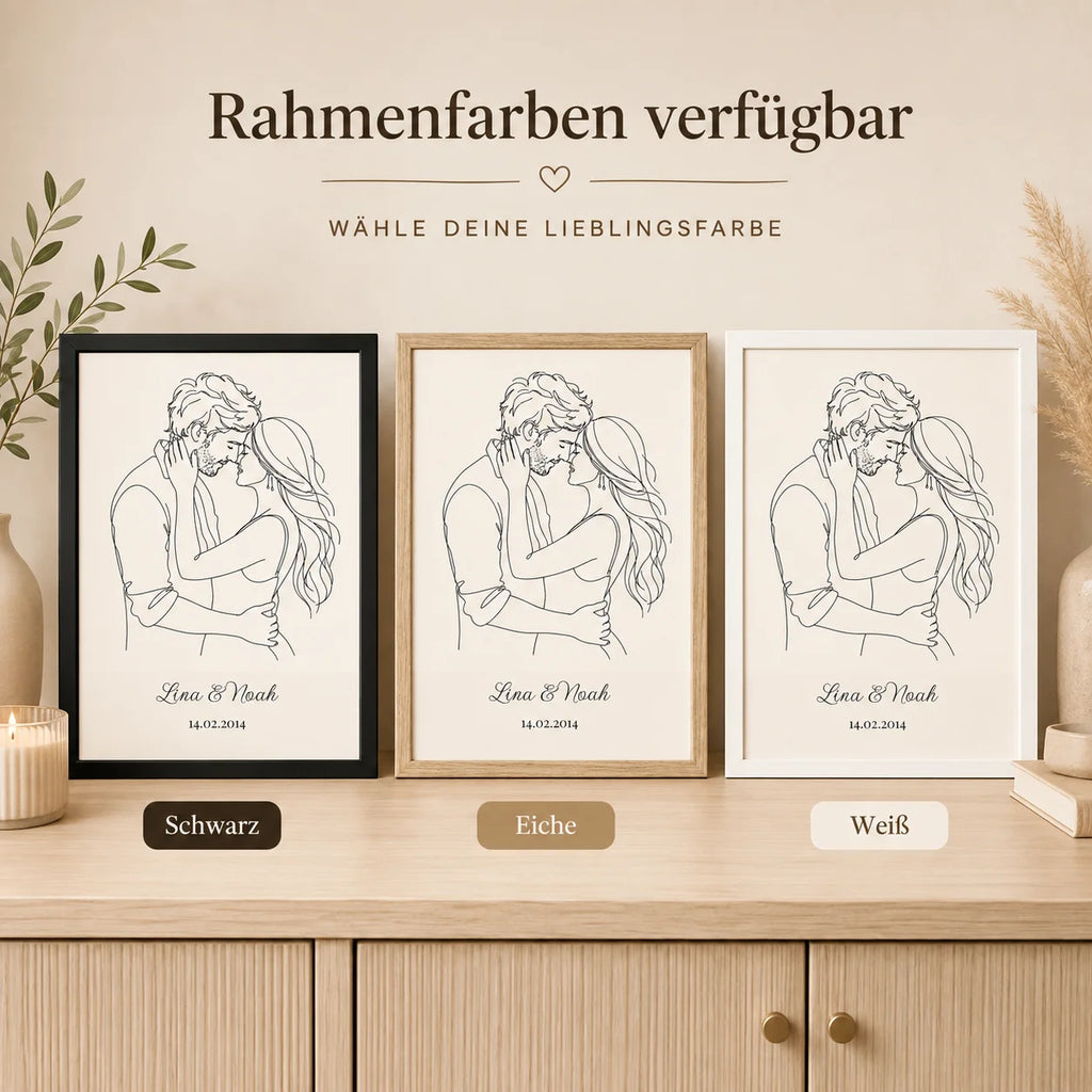 Personalisiertes One-Line-Art-Poster mit Rahmen in Weiß, Schwarz oder Eiche