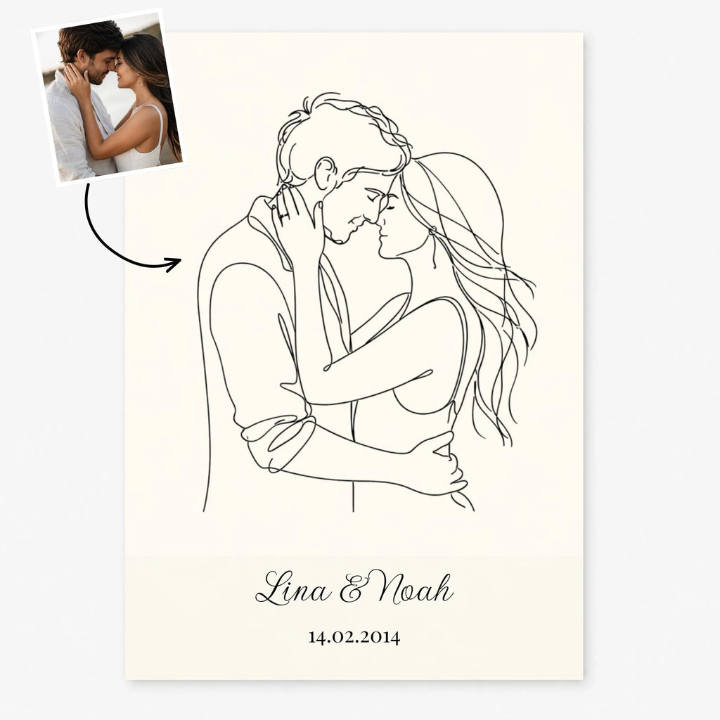 Personalisiertes One-Line-Art-Poster in verschiedene Farben mit Namen und Datum