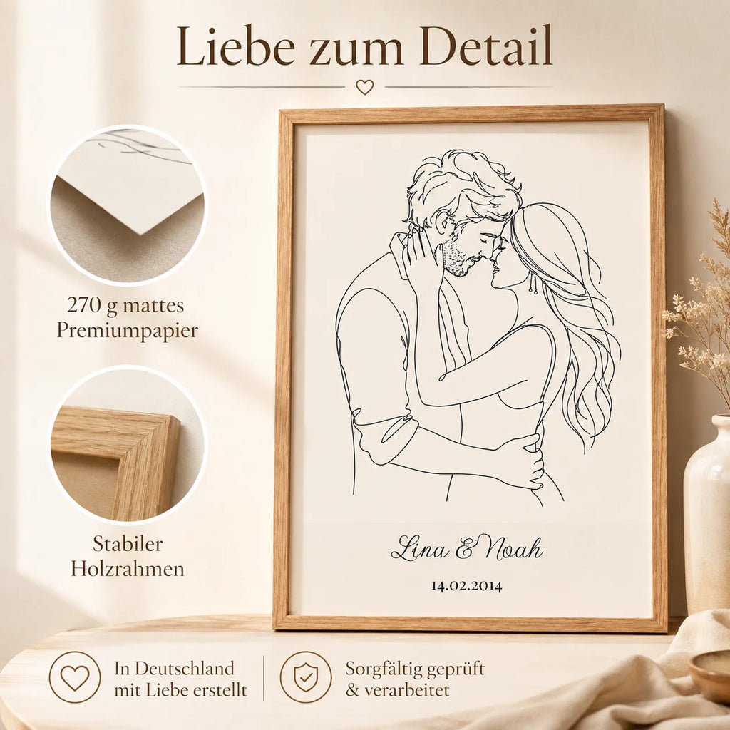 Personalisiertes One-Line-Art-Poster gerahmt an der Wand im Wohnzimmer