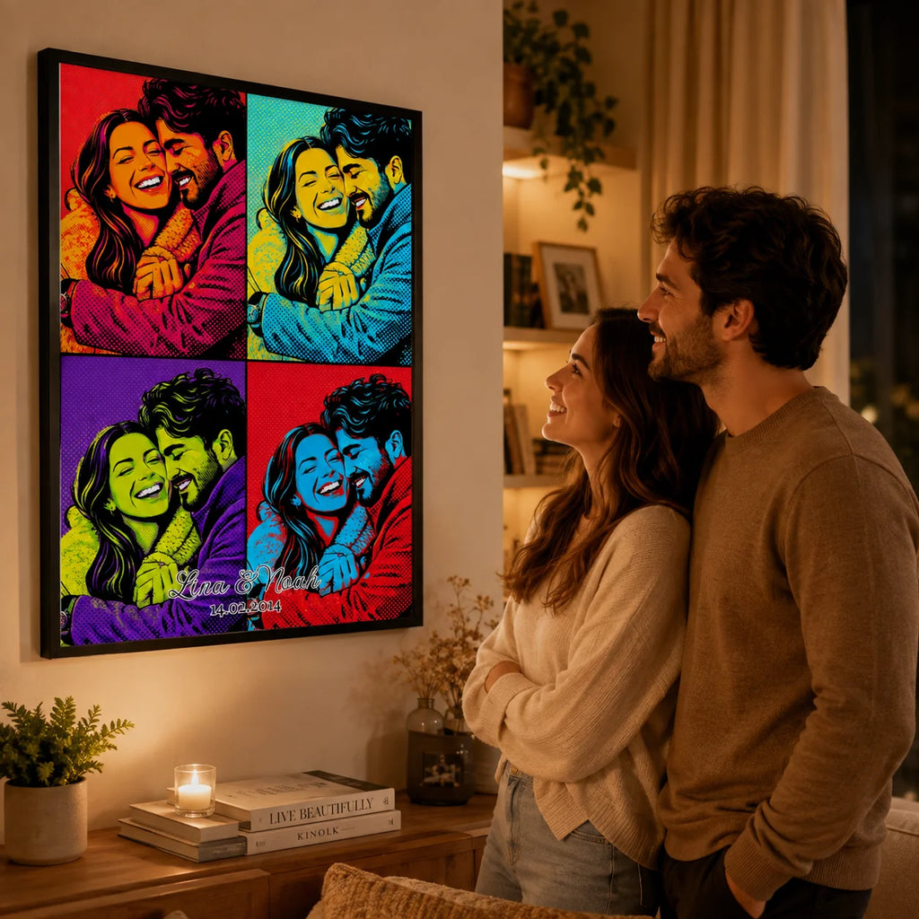 Personalisiertes Pop-Art-Poster mit 4 Panels, Namen und Datum