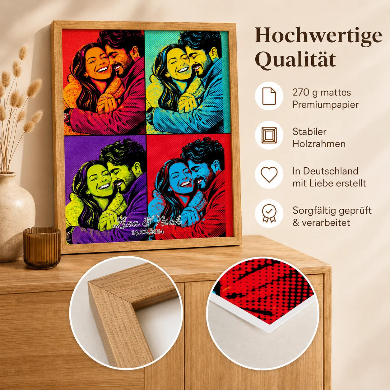 Personalisiertes Pop-Art-Poster gerahmt an der Wand im Wohnzimmer