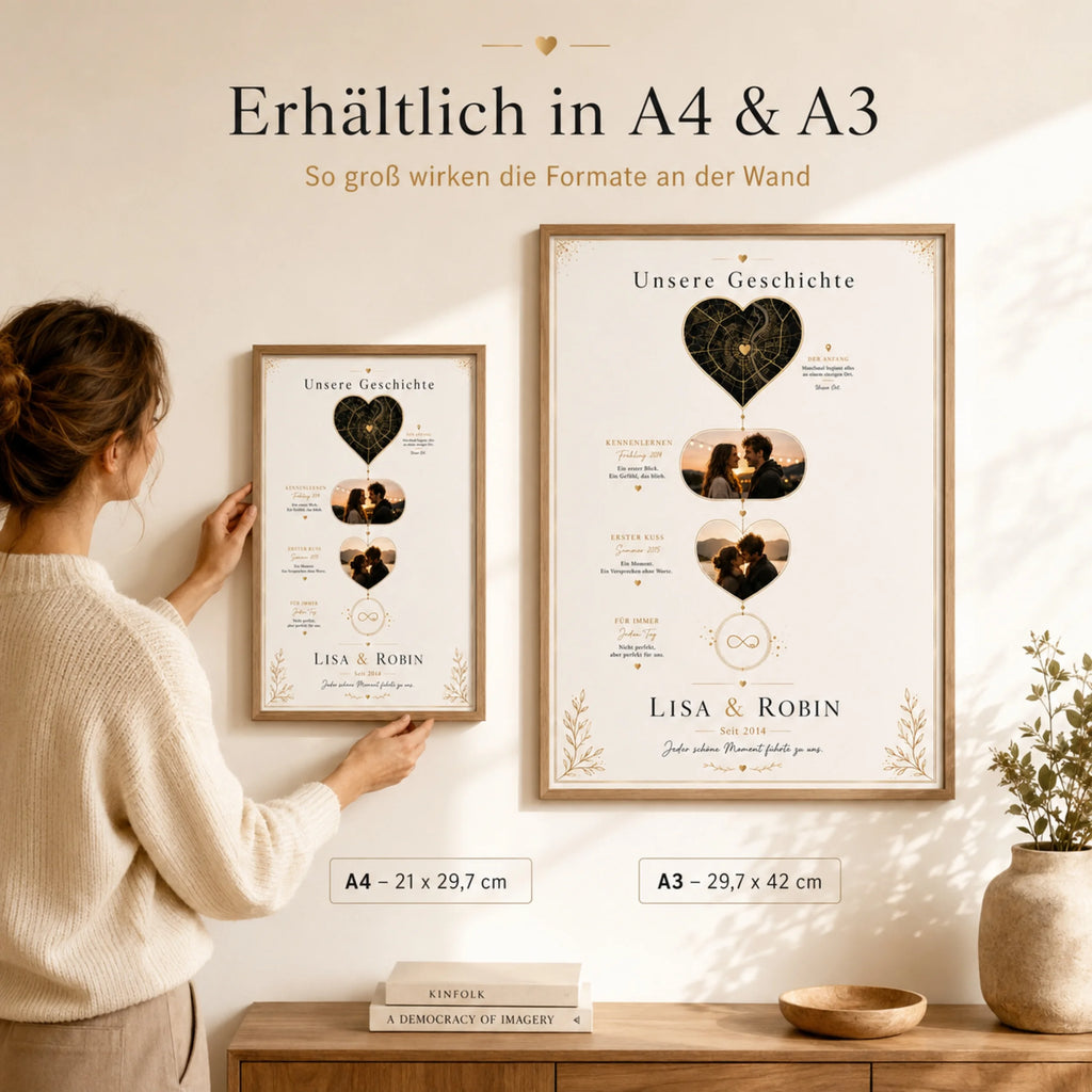 Frau hängt personalisiertes A4 Poster Unsere Geschichte im Wohnzimmer auf