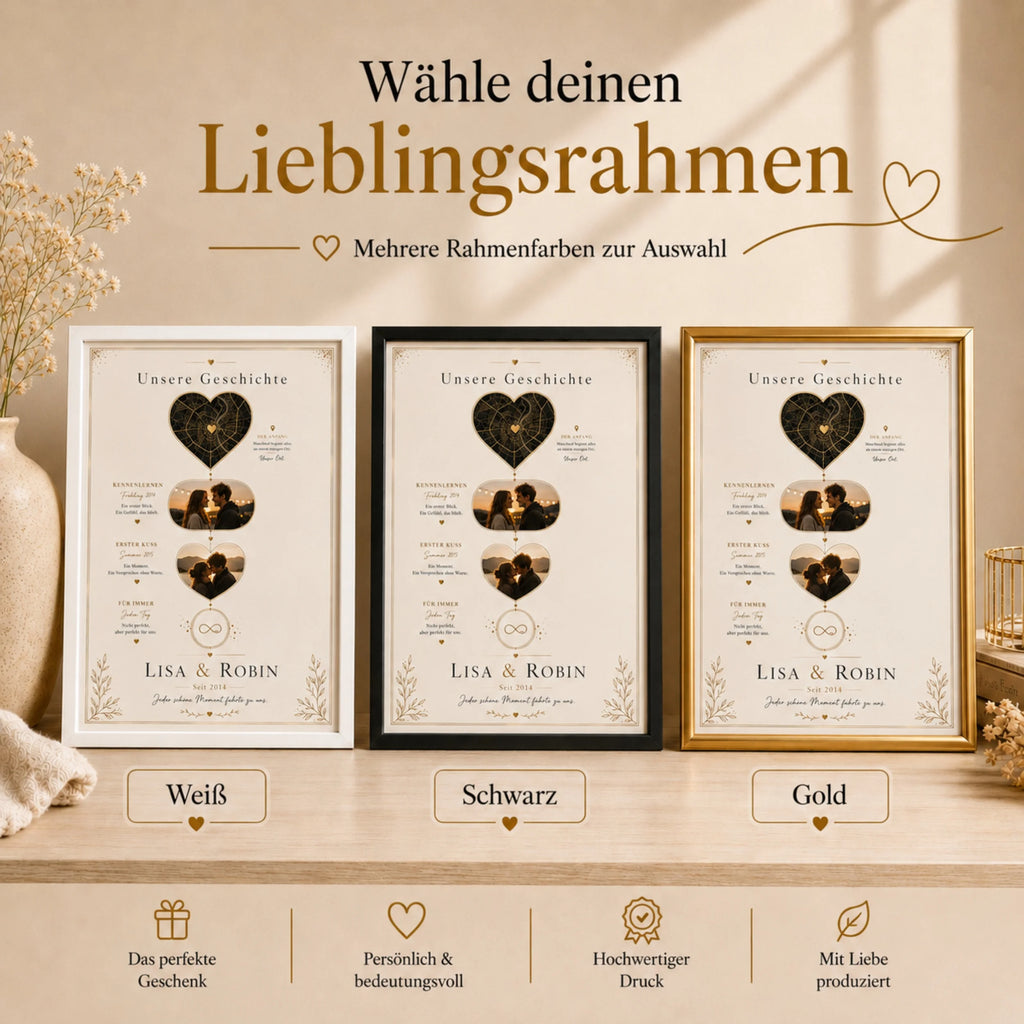 Personalisiertes Poster mit Rahmen in Weiß, Schwarz oder Gold zur Auswahl