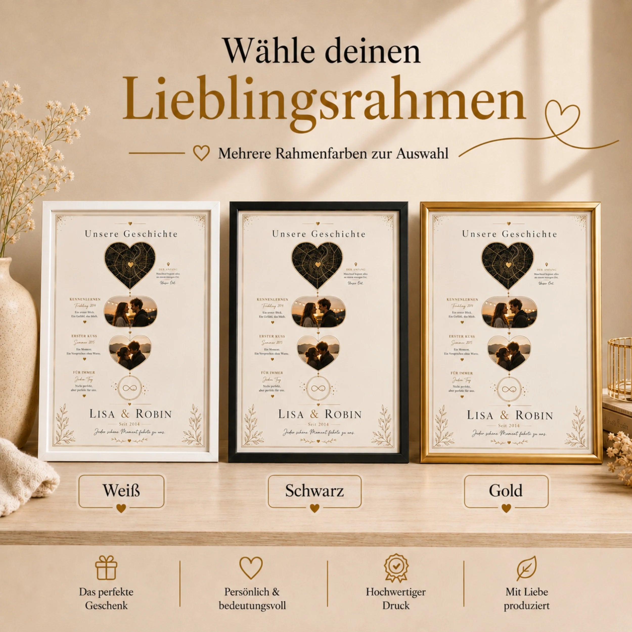 Personalisiertes Poster mit Rahmen in Weiß, Schwarz oder Gold zur Auswahl
